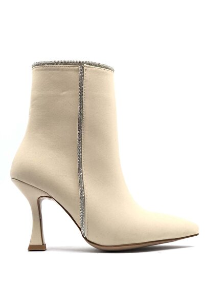 KOCAMANLAR Жіночі черевики на підборах з атласною стрічкою та камінцями, бежеві