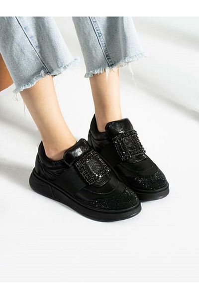 Kocamanlar Ayakkabı Black Sneakers - Feles Stone Detailed Women's Sports Shoes