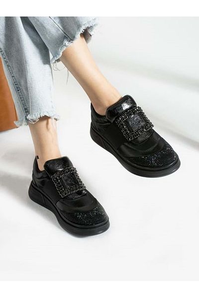 Kocamanlar Ayakkabı Black Sneakers - Feles Stone Detailed Women's Sports Shoes