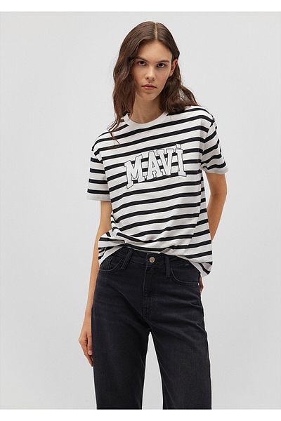 Mavi Schwarz gestreiftes T-Shirt mit Logodruck, normale Passform / normaler Schnitt 1611360-84041
