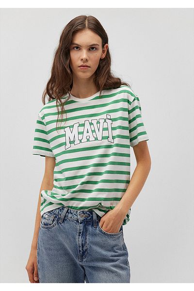 Mavi Grün gestreiftes T-Shirt mit Logodruck, normale Passform / normaler Schnitt 1611360-84477