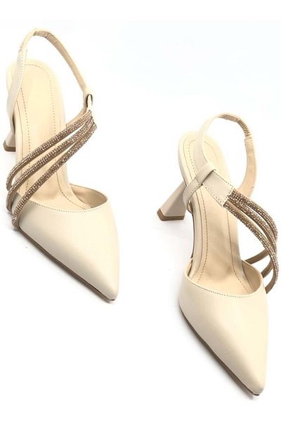 KOCAMANLAR Feles Three Stripes Stone Detailed Women's Heeled Shoes Stiletto Tan