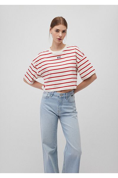 Mavi Rotes gestreiftes, mit Logo bedrucktes Crop-T-Shirt - Kurzer Schnitt 1612227 -86680