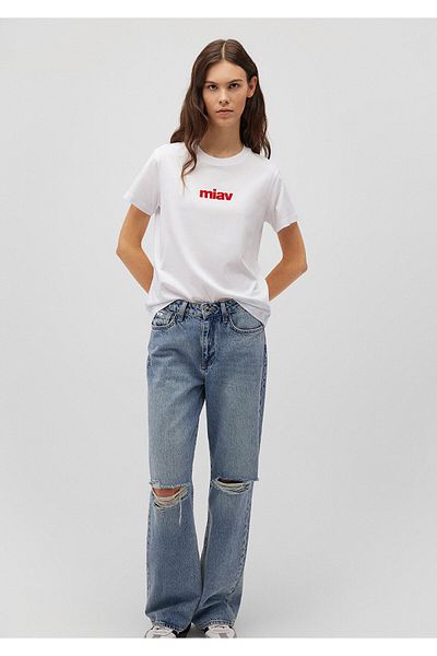 Mavi Weißes T-Shirt mit rotem Miav-Aufdruck, reguläre Passform / normaler Schnitt 1610622-86417