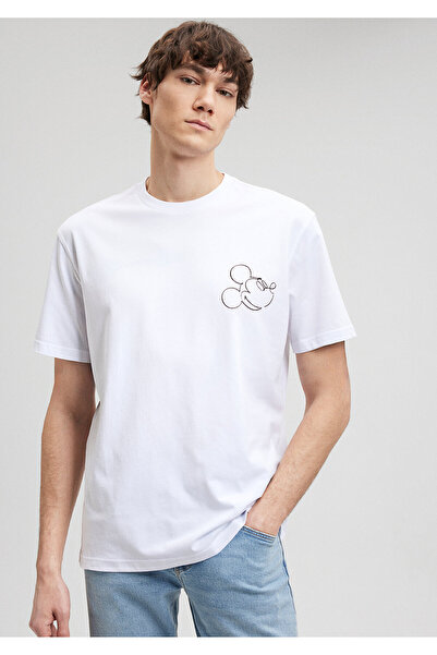 Mavi Mickey Mouse Baskılı Beyaz Tişört Loose Fit / Bol Rahat Kesim 0611979-620