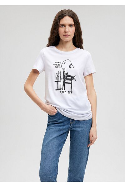 Mavi Weißes T-Shirt mit Katzen-Print Slim Fit / Slim Fit1612390-620