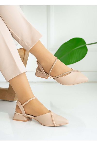 Kids Club Shoes Kocamanlar Pantofi cu toc de damă cu toc scurt, cu dungi în piatră, BEJ
