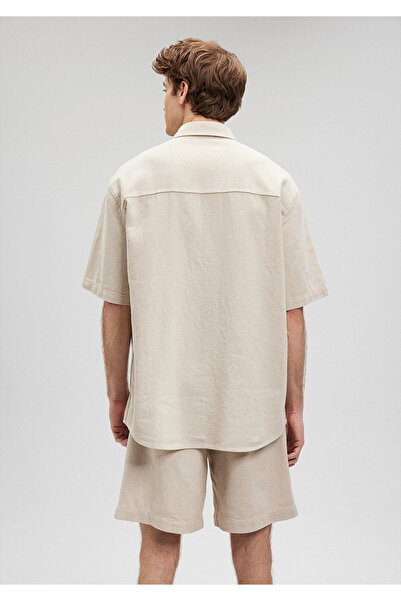 Mavi Keten Karışımlı Bej Gömlek Loose Fit / Bol Rahat Kesim 0210821-70182