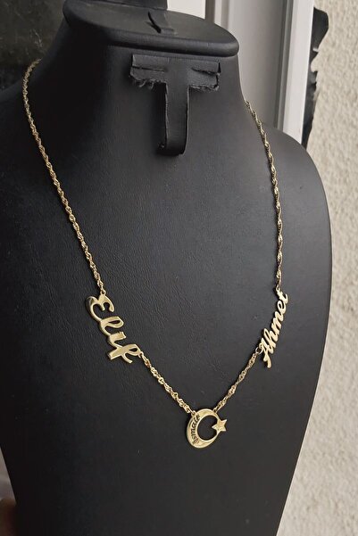 ESFA TAKI 925 Ayar Gümüş 24 Ayar Altın Kaplama 2 İsimli Ayyıldızlı Kolye