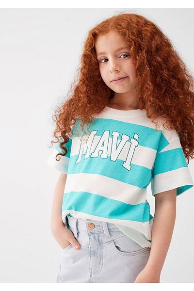 Mavi Logo Printed Loose Cut Striped T-Shirt -7610191-71750