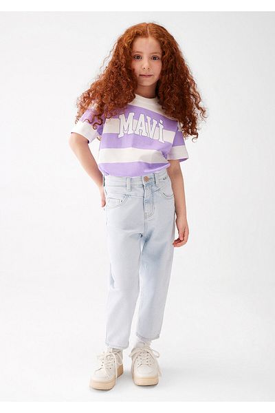 Mavi Logo Printed Purple Striped T-Shirt Loose Fit / Loose Relaxed Fit7610191-70506