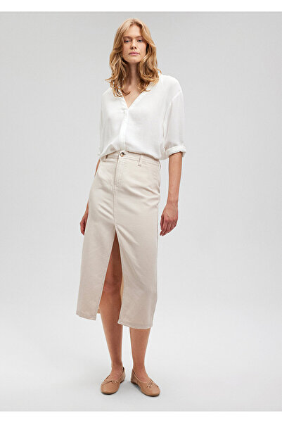 Mavi Keten Karışımlı Bej Etek 1310524-70136