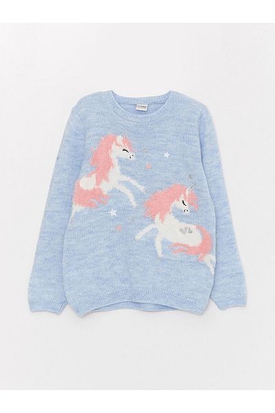 LC Waikiki Lcw Crew Neck Patterned Long Sleeve Girl's Knitwear Sweater