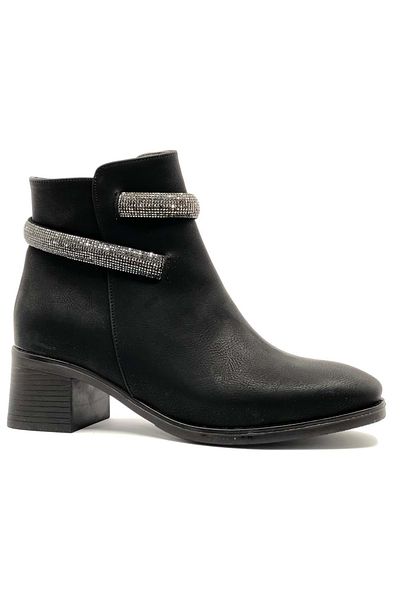 Kids Club Shoes Ασιατικές γυναικείες μπότες με πέτρα με ρίγες αστραγάλου με κοντό τακούνι ΜΑΥΡΟ