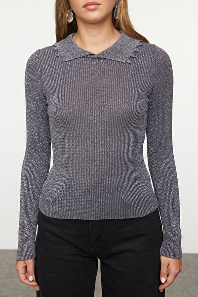 Trendyol Collection Polo Collar Anthracite Knitwear Sweater - Ribbed Twoaw25kz00289