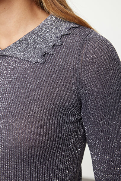 Trendyol Collection Polo Collar Anthracite Knitwear Sweater - Ribbed Twoaw25kz00289