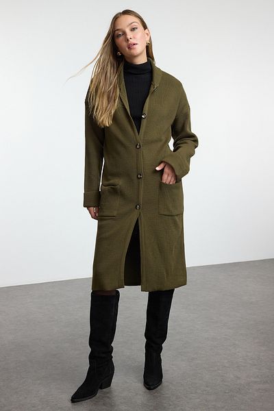 Trendyol Collection Khakifarbener Strick-Cardigan in Maxi-Länge – breite Passform, Mantel-Look TWOAW25HI00210