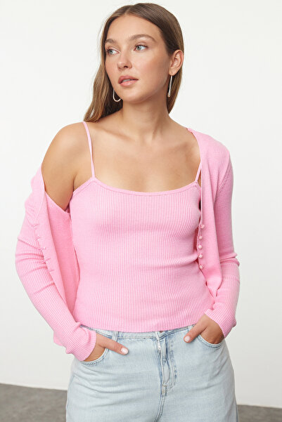 Trendyol Collection Pink Thin Knitwear Crop Blouse and Cardigan Set - Twoaw25...