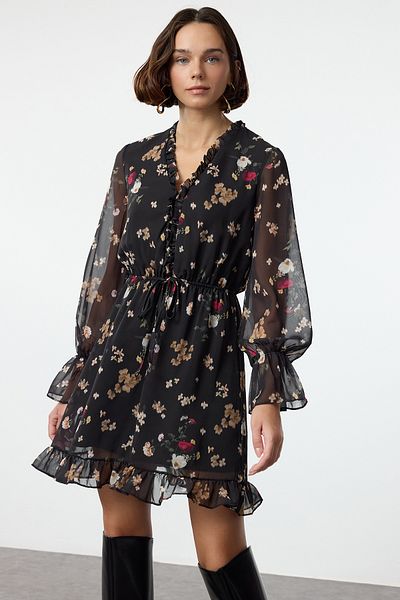 Trendyol Collection Μίνι φόρεμα σιφόν που ανοίγει μέσης - μαύρο φλοράλ στάμπα, με επένδυση Twoaw25El00351