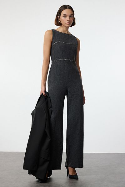 Trendyol Collection Langer anthrazitfarbener Overall – Streifendetail, Winter, TWOAW25TU00019