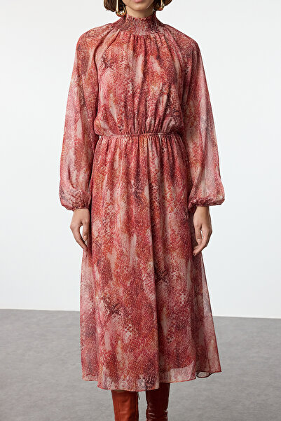 Trendyol Collection Winter Midi Dress - Tile Shawl Pattern, Guiped and Lined, Woven - Twoaw25El00142
