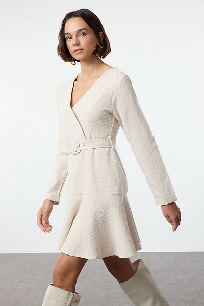 Trendyol Collection Tweed szőtt miniruha - Ecru, Flounce szoknya, Twoaw25el00354