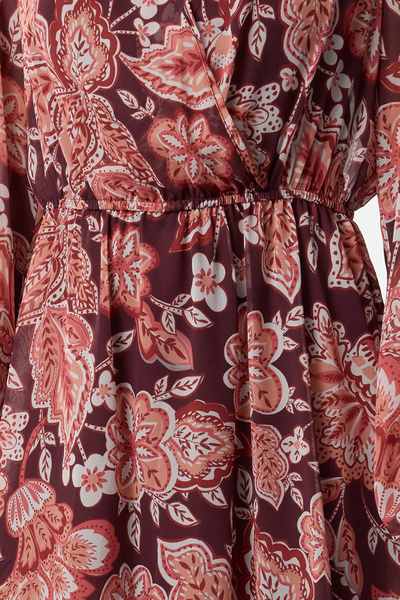 Trendyol Collection Burgundy Floral Double Breasted Neckline A-Line Midi Chiffon Lined Woven Dress Twoaw25El00431