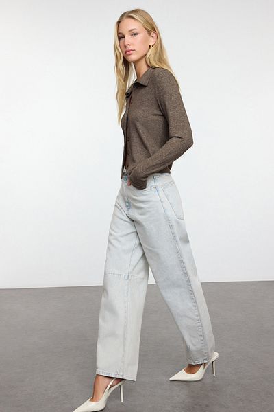 Trendyol Collection Blugi Barrel albastru deschis cu talie înaltă - TWOAW25JE00067