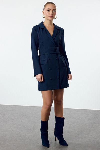 Trendyol Collection Indigo Mini Woven Jacket Dress - with Belt and Buttons Twoaw24El00497