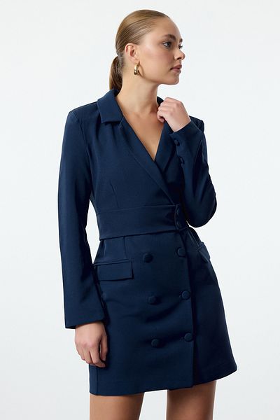 Trendyol Collection Indigo Mini Woven Jacket Dress - with Belt and Buttons Twoaw24El00497