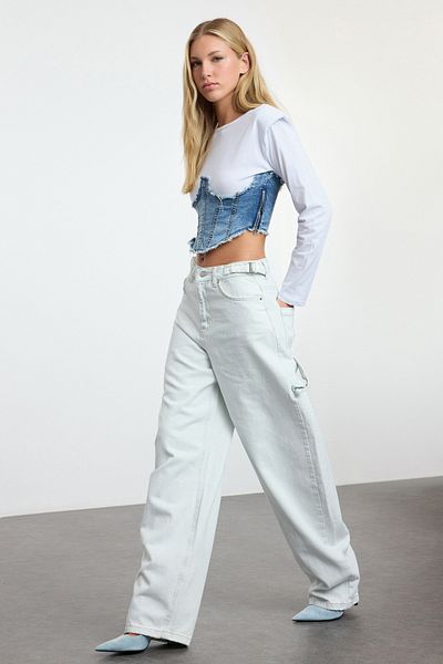 Trendyol Collection Blugi Carpenter Skater cu talie înaltă - Ice Blue TWOAW24JE00308