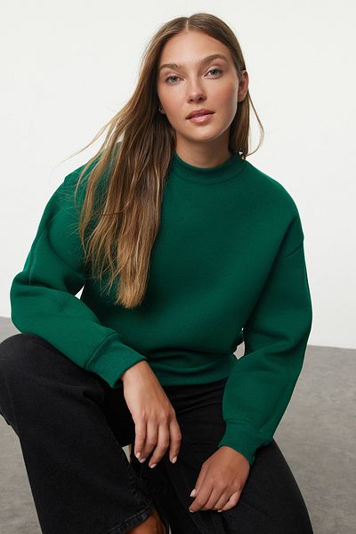 Trendyol Collection Smaragdově zelená mikina s vnitřním fleecem - stojáček uvolněného střihu TWOAW20SW0584