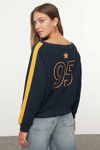 Trendyol Collection Carmen Collar Navy Blue Regular Sweatshirt - Front and Back Print, Piping Detail Twoaw25Sw00194