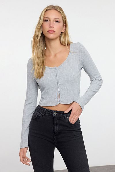 Trendyol Collection Εύκαμπτη γκρι μελανζέ γιακά μακρυμάνικη μπλούζα - Εφαρμόσιμη, Twoaw25bz00202
