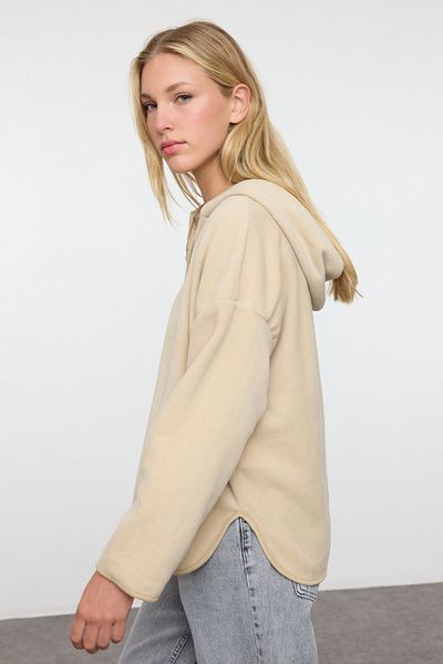 Trendyol Collection Голям плетен суичър с поларена качулка и цип - Stone Thick Twoaw22Sw2063