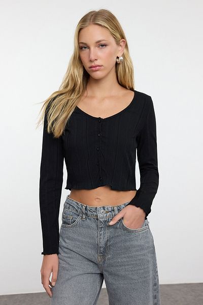 Trendyol Collection Elastyczna bluzka z długim rękawem i kołnierzykiem basenowym w kolorze czarnym, dzianinowa - Twoaw25bz00202