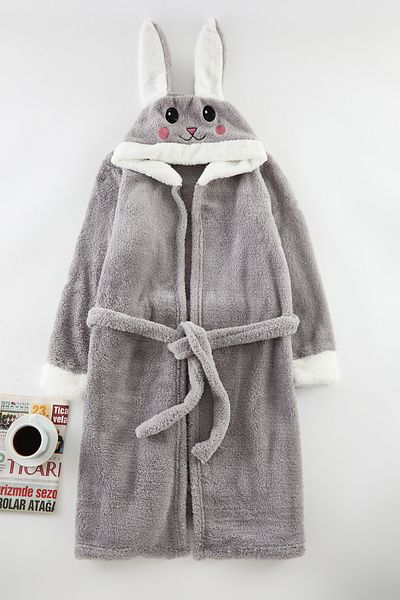 Trendyol Collection Gray Belted Hooded Dressing Gown with Animal Figure - Wellsoft Thmaw25Sb00001