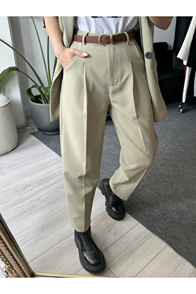 KÜBRA SÖYLEMEZ BOUTİQUE Çağla Kemerli Premium Kumaş Pantolon