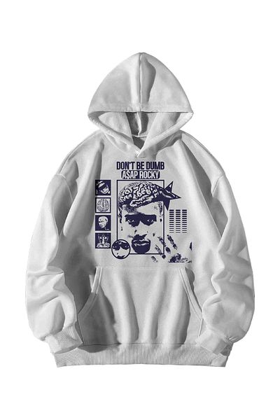 Scrovtie White Asap Dumb Printed Oversize Hooded Women's Hoodie with Kangaroo Pocket