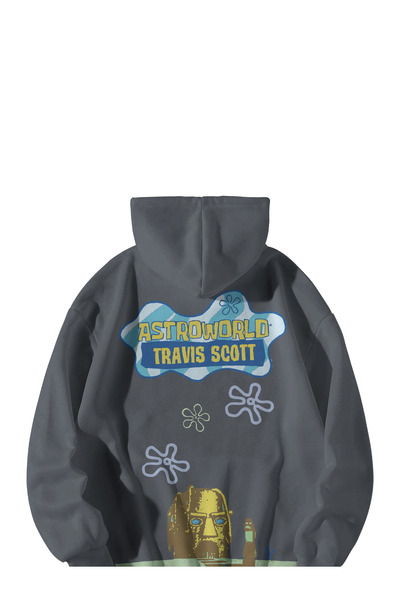 Scrovtie هودي بغطاء للرأس كبير الحجم مطبوع عليه Astroworld Travis Scott من Anthracite مع جيب الكنغر - للنساء والرجال