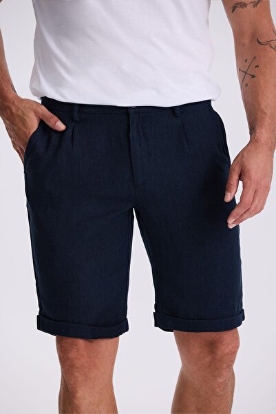 Jakamen Dark Navy Blue Comfort Fit Linen Textured Relaxed Cut Double Leg Shorts
