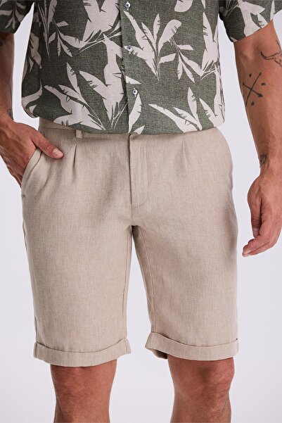 Jakamen Beige Comfort Fit Linen Textured Relaxed Cut Double Leg Shorts