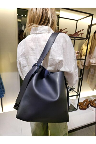 Mercan Stores Kadın Lacivert Toka Detaylı Geniş Shopper Çanta