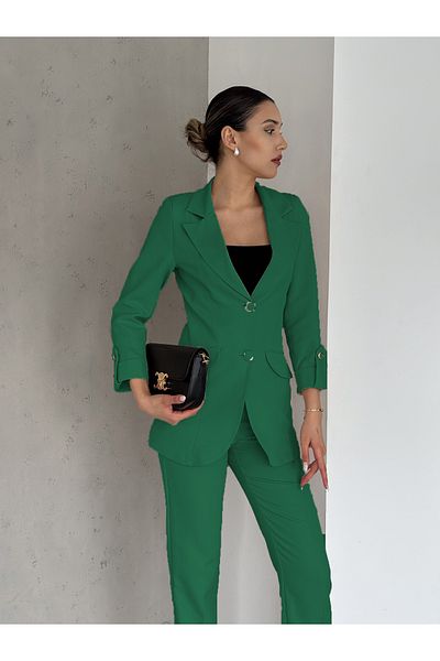 diaves Green Folded Sleeve Detail Blazer Jacket and Carrot Cut Pants Atlas Woven Fabric Suit