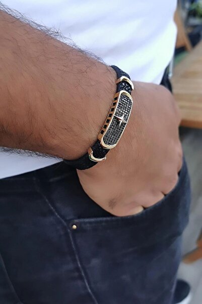 Utku Kuyumculuk 14 AYAR SİYAH VATOZ DERİSİ ÜZERİNE KUTUPYILDIZI ALTIN TASARIM ERKEK BİLEKLİK