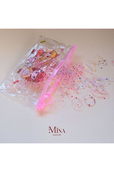 Mina Souvenir Set de catarame din cauciuc minuscul cu geantă roz neagră-colorată-transparentă - agrafă de păr elastică împletită
