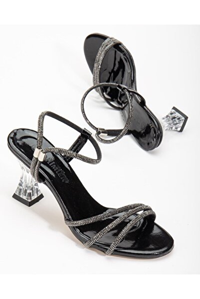 Felisya Butik حذاء سهرة بكعب شفاف بثلاثة صفوف من الحجارة (أسود)