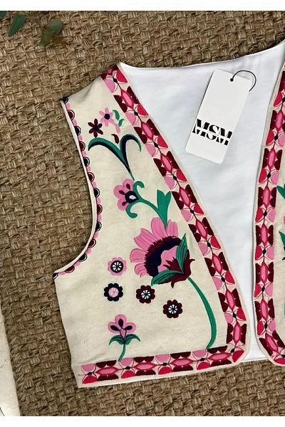 msm fashion Linen Short Vest - Floral Embroidered