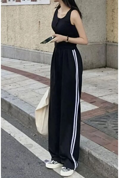 pandy Γυναικείο φαρδύ πόδι διπλό ριγέ μαύρο φούτερ