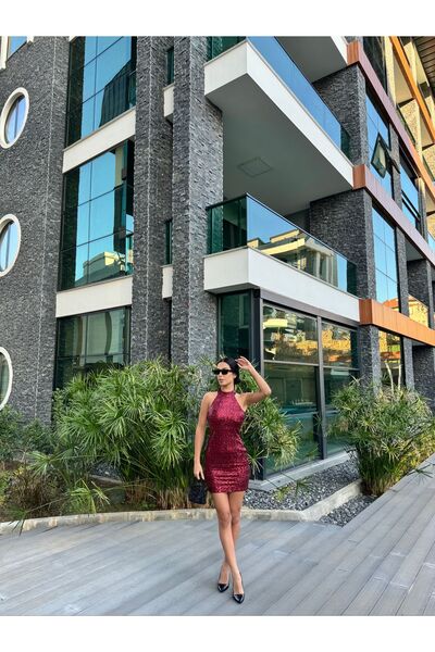 FGKBOUTİQUE Kırmızı Payetli Mini Elbise